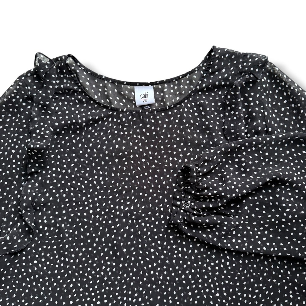 Cabi Size XXL Black White Polka Dot Ruffle Sheer Long Sleeve Sinatra Blouse 3956